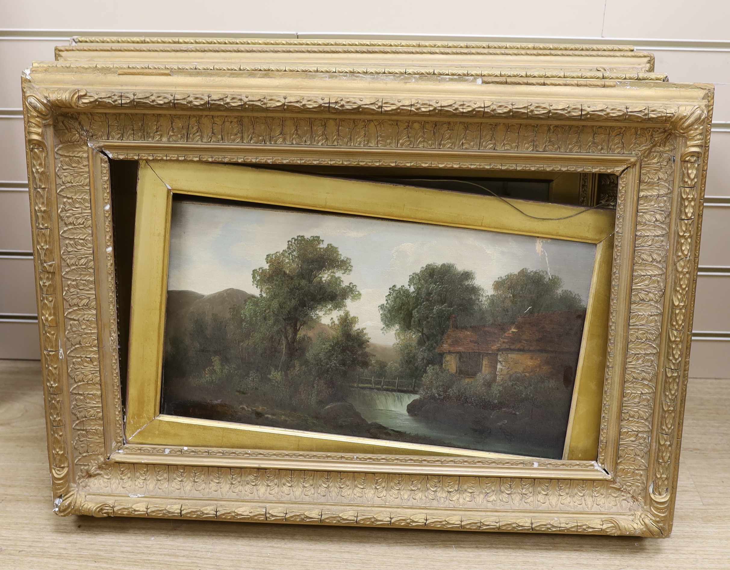 19th century, four oils on canvas, Landscapes, two signed S. Thompson, one signed J. Scott, 26 x 45cm, ornate gilt framed